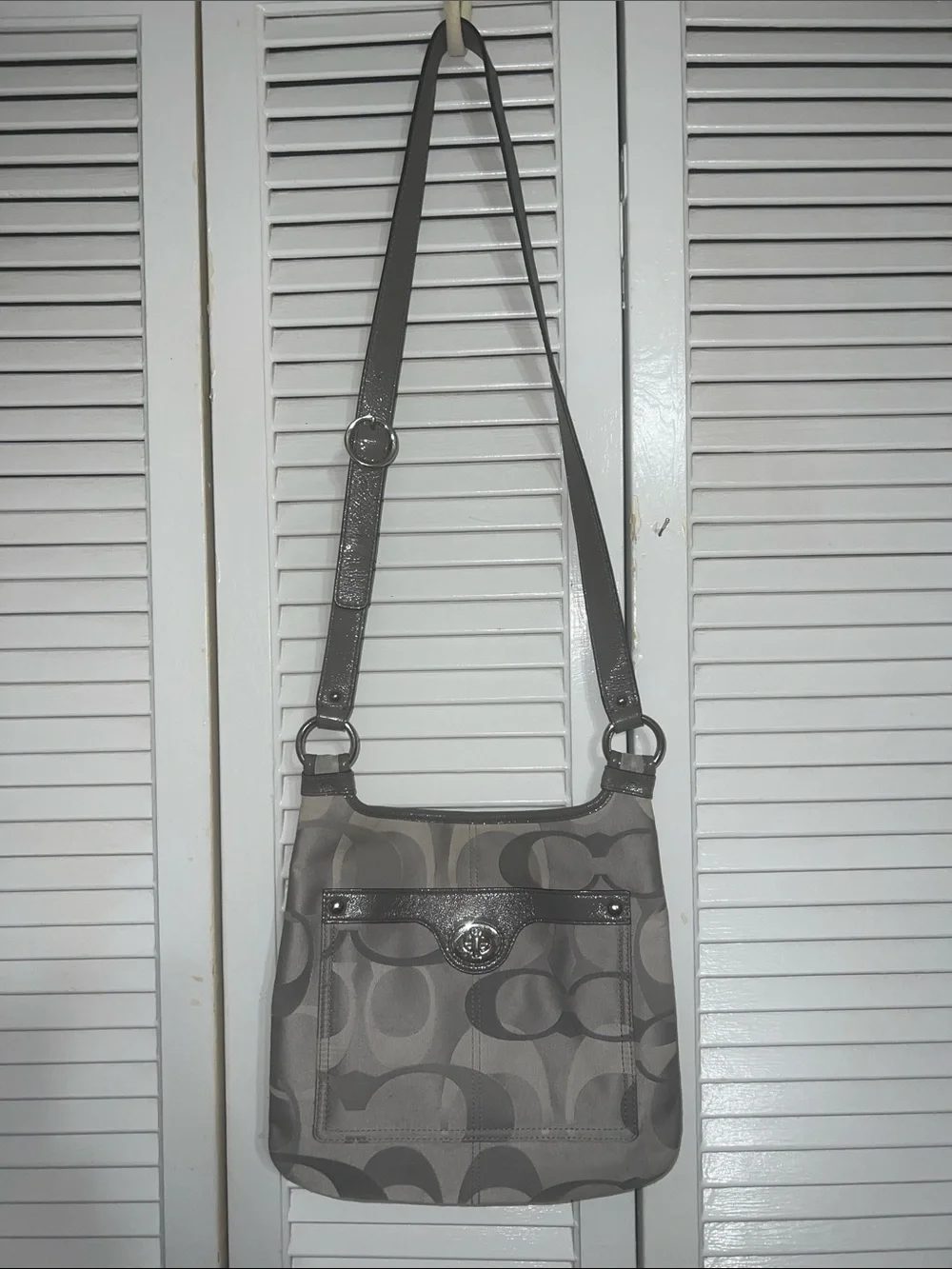 Coach Gray Signature Canvas Crossbody with Metallic Trim